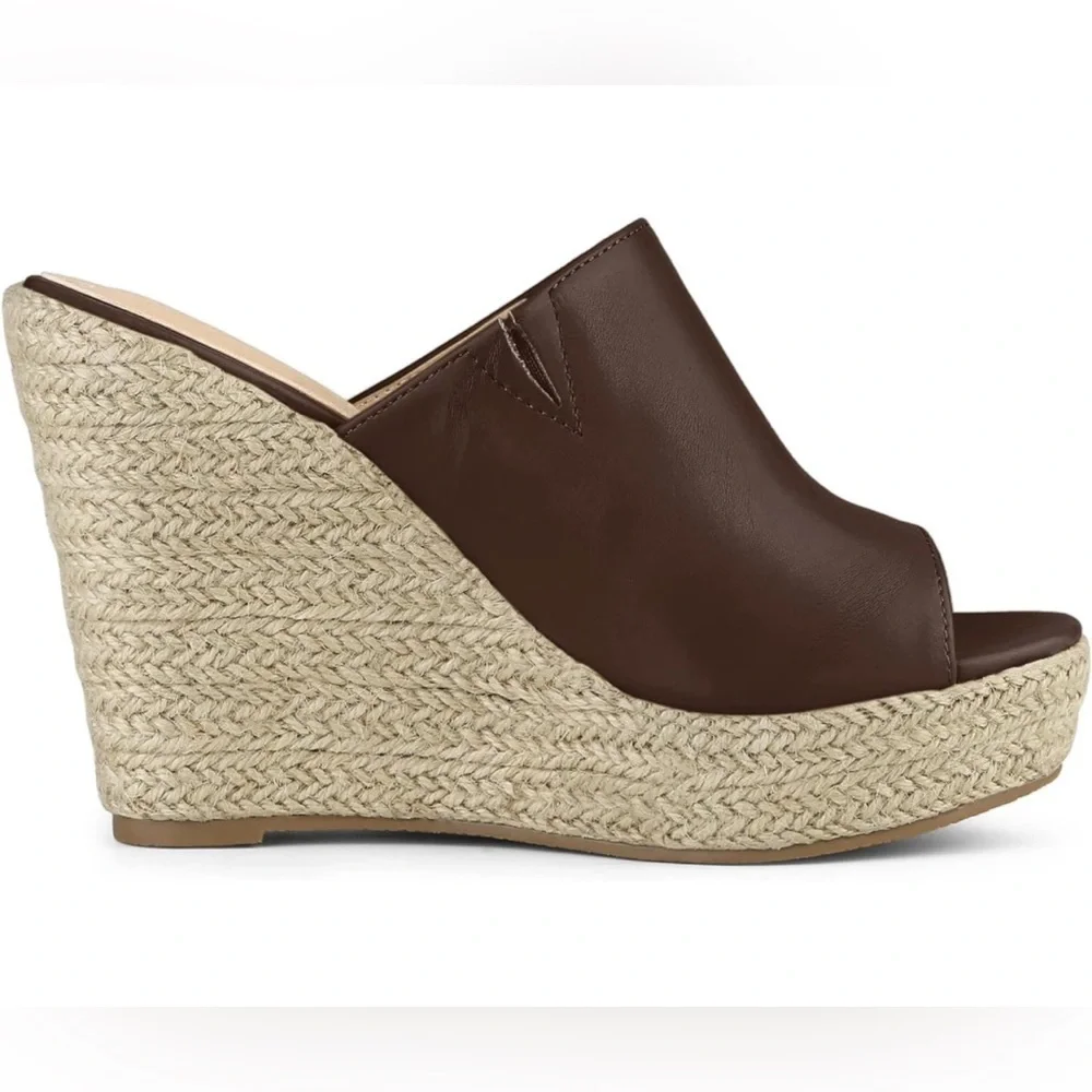 Allegra K Slip on Platform Sandals Espadrilles Wedges Slides Mules, Coffee 9